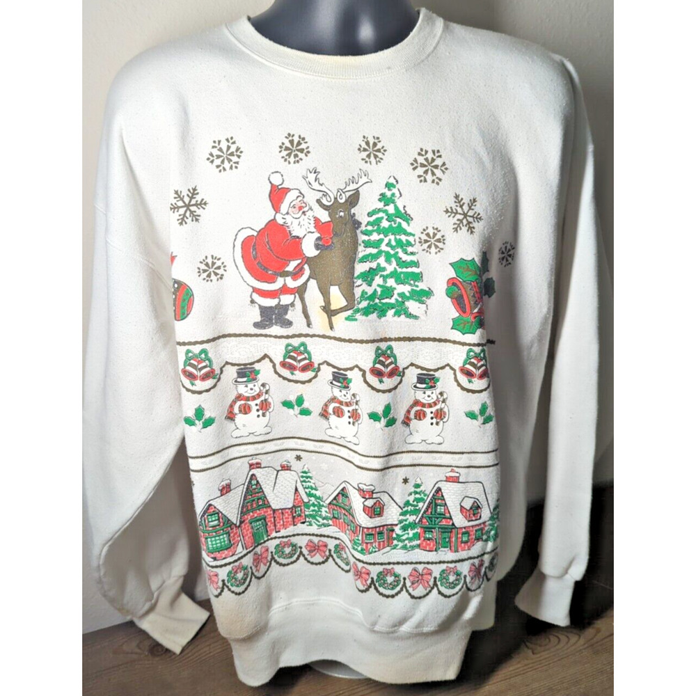 Vintage Hanes Retro Ugly Christmas Sweater 80s Santa, Reindeer Size XL